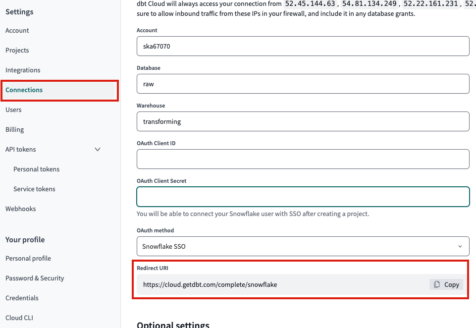 Copy the 'Redirect URI' URL in dbt Cloud and replace it in the 'REDIRECT_URI' field.